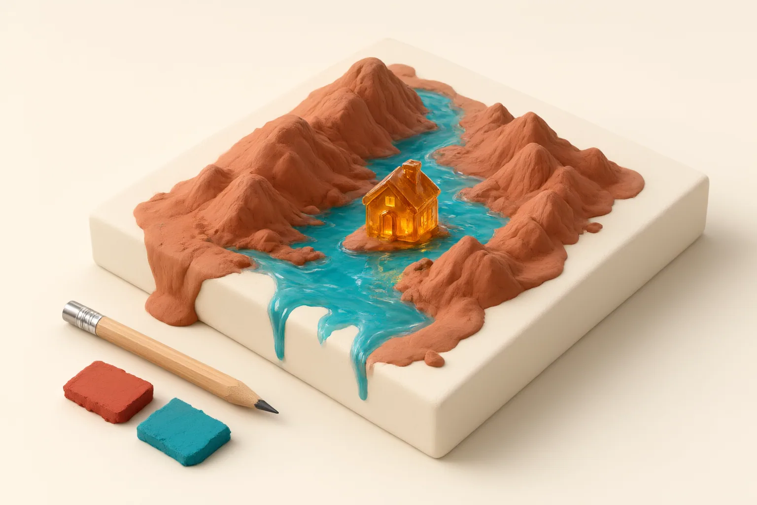 Conceptual illustration of a miniature landscape emerging from an image canvas