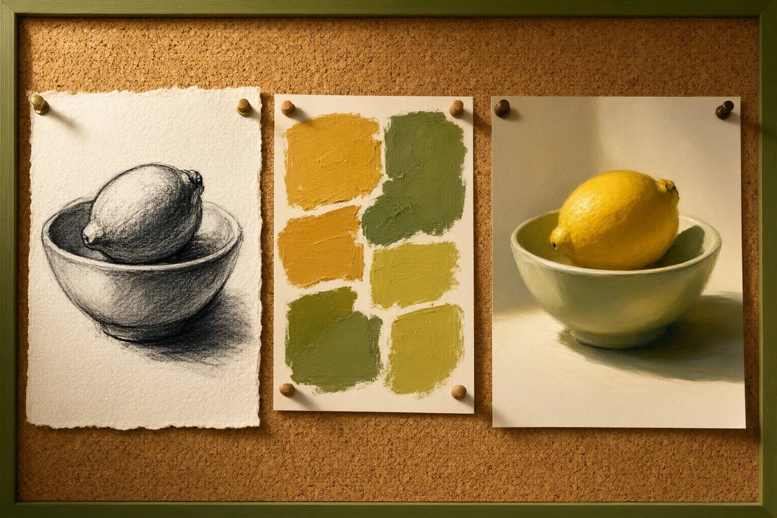 Illustrated image planning board with a subject sketch, color palette and composed still life