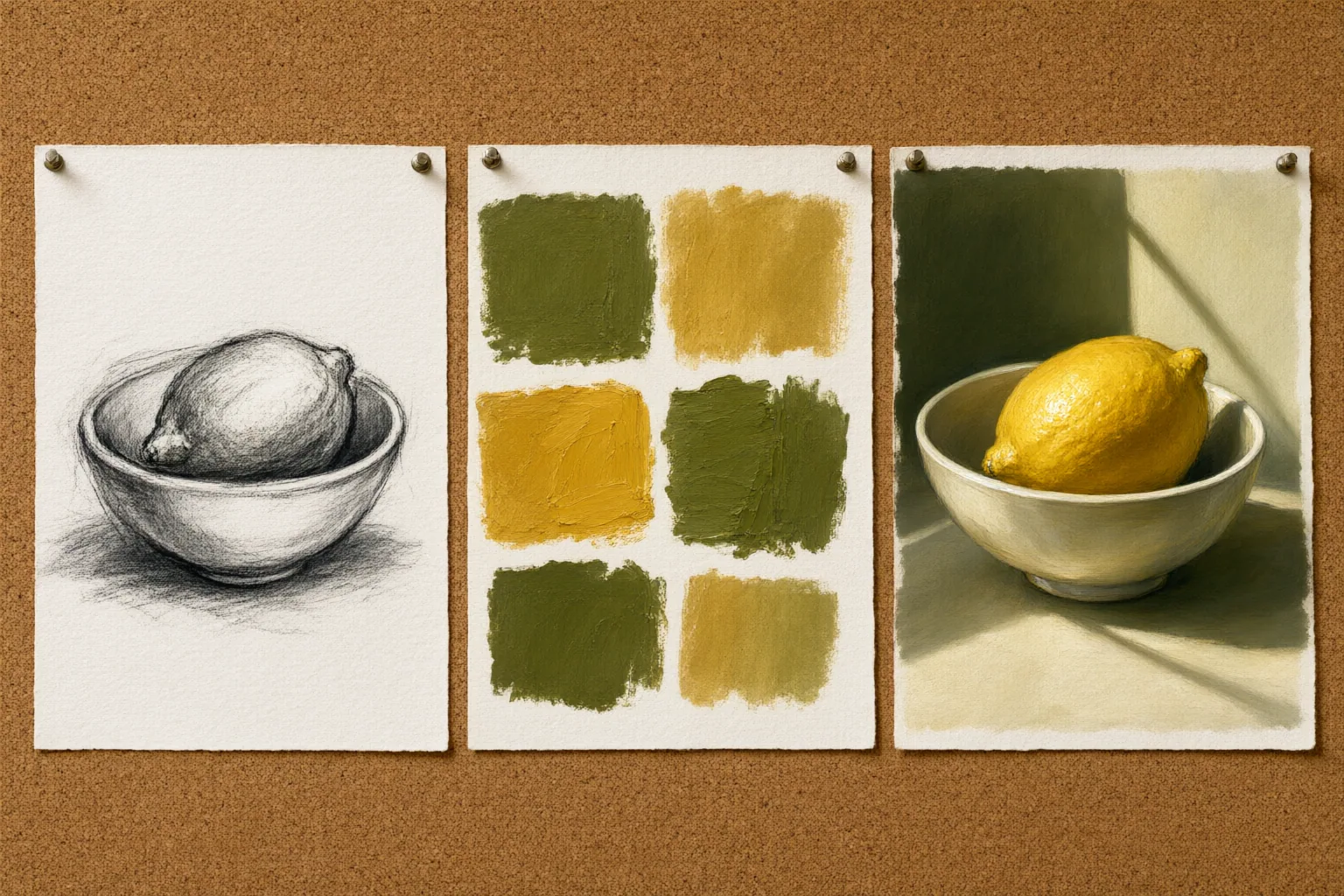 Illustrated image planning board with a subject sketch, color palette and composed still life