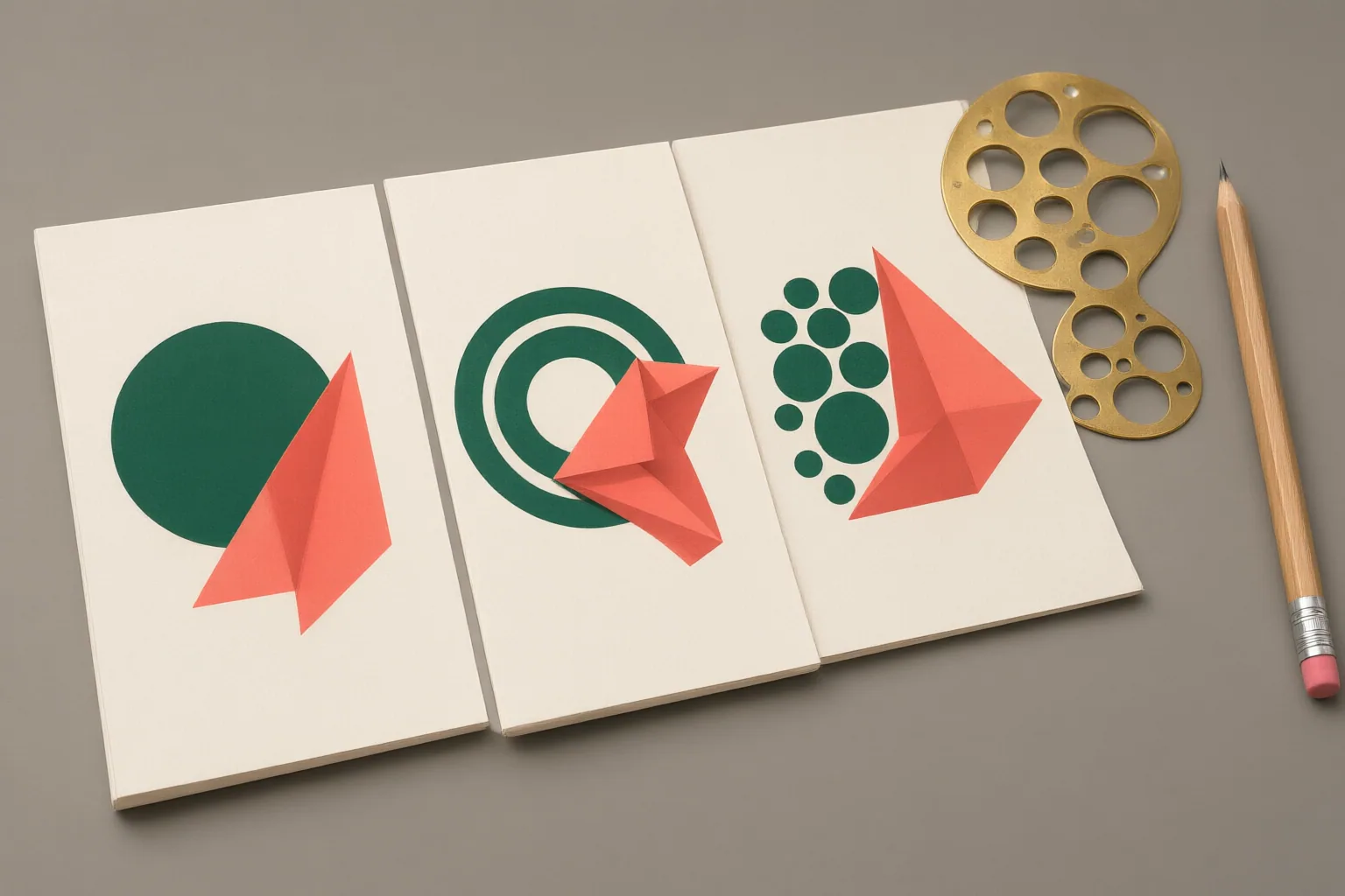 Conceptual logo design study with original geometric symbols arranged on cream cards