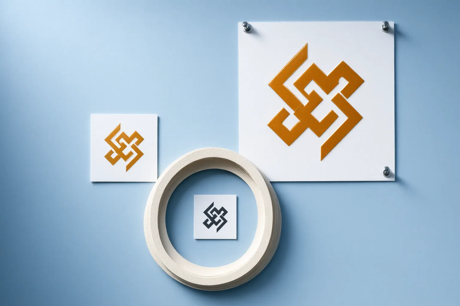 Conceptual logo review board comparing a symbol at different sizes and in monochrome