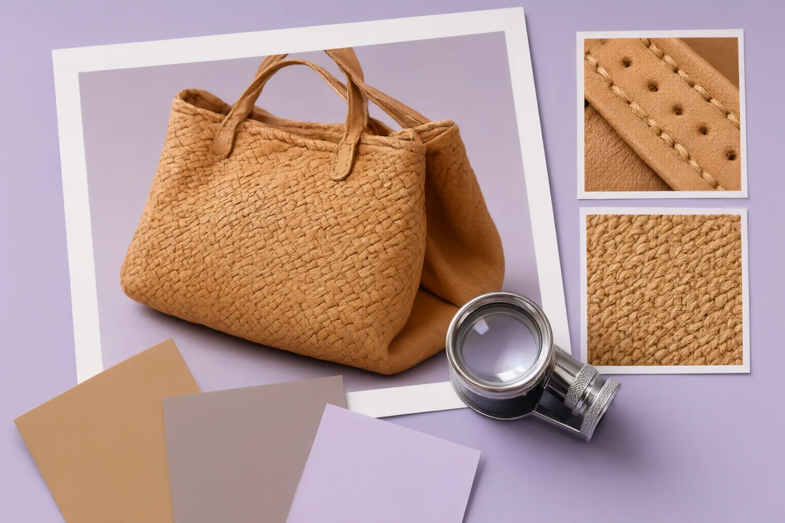 Conceptual editing review with photo crops of a woven bag, its seams and color swatches