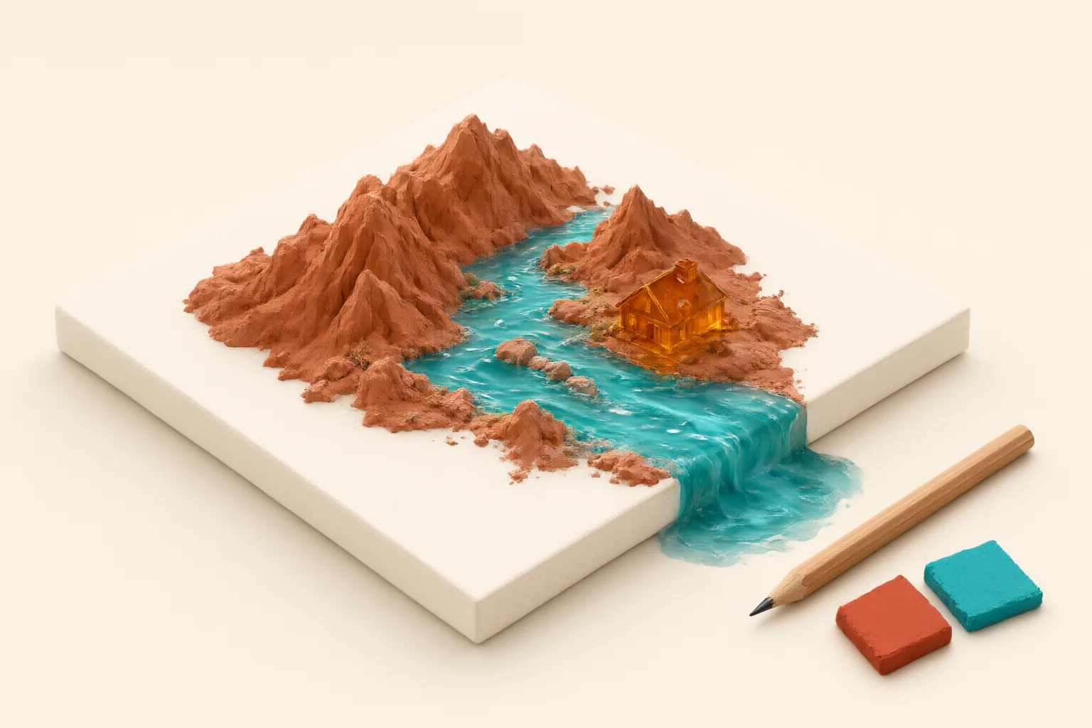 Conceptual illustration of a miniature landscape emerging from an image canvas