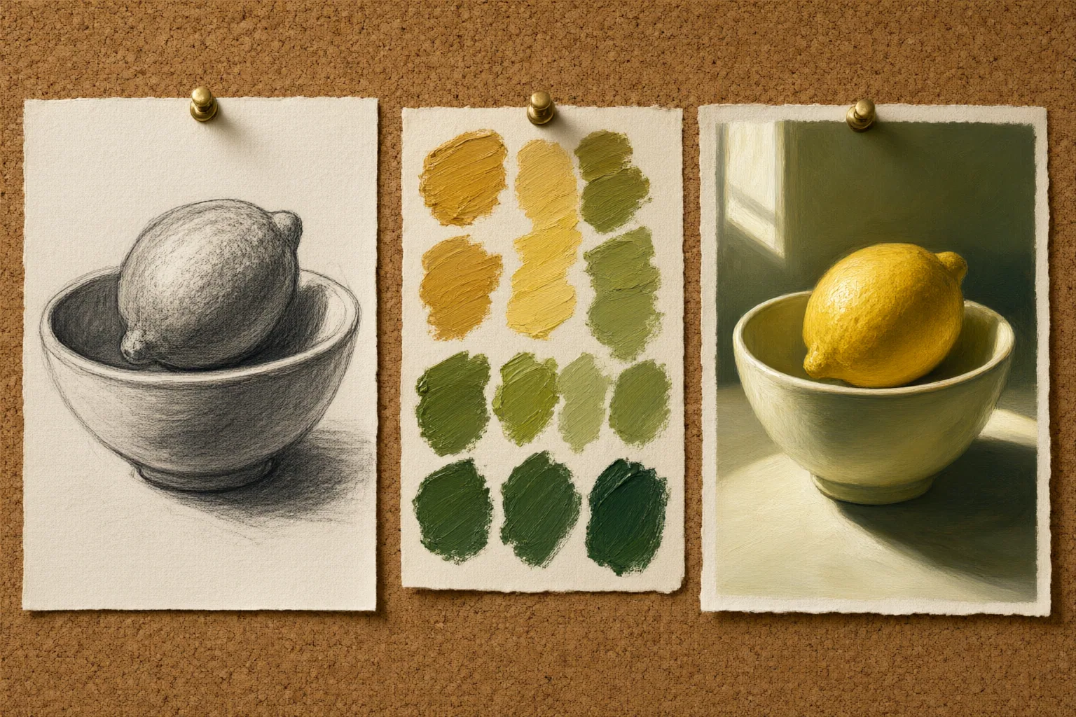 Illustrated image planning board with a subject sketch, color palette and composed still life