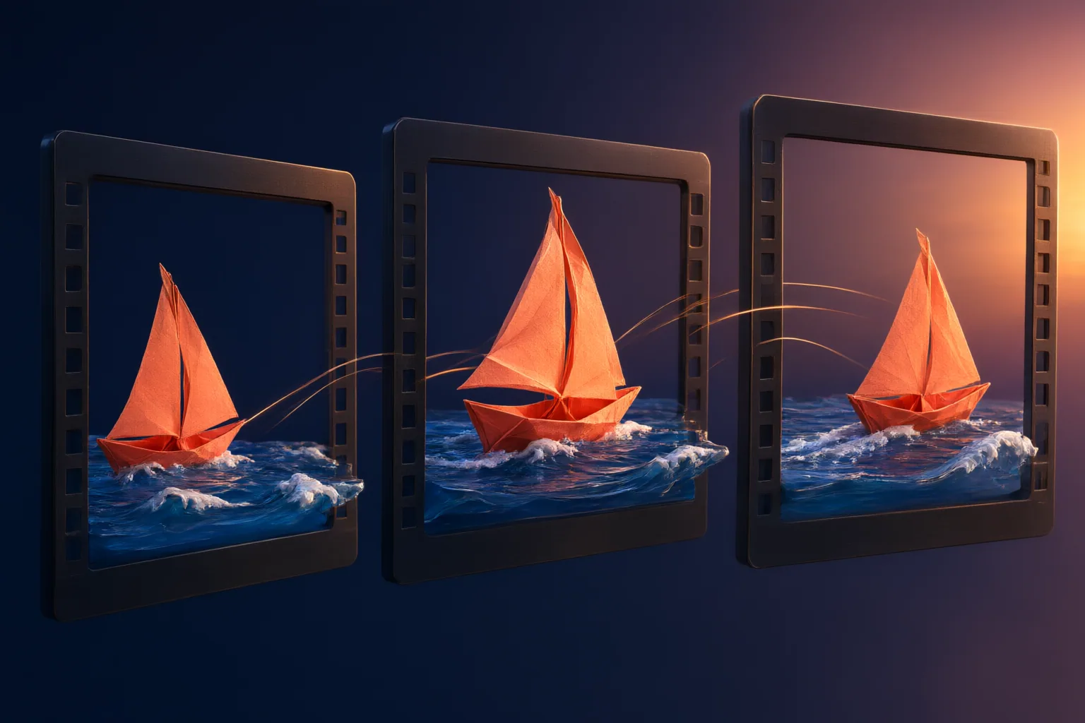 Conceptual illustration of a paper sailboat moving through successive video frames