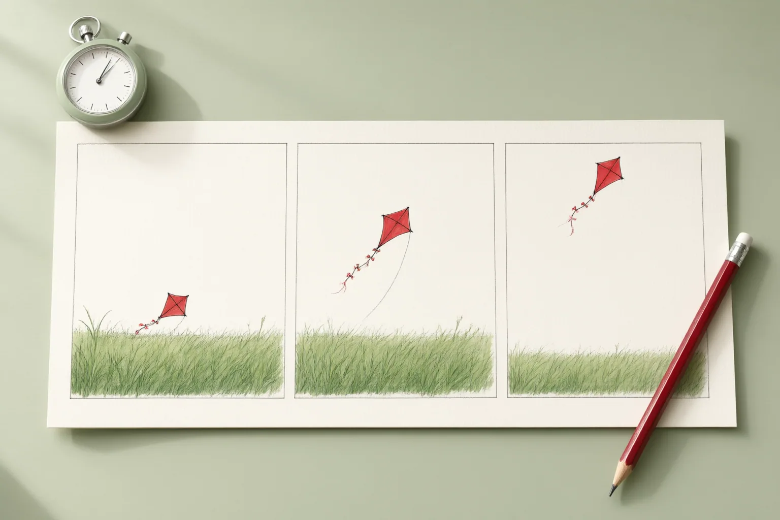 Illustrated storyboard of a red kite moving across three successive outdoor scenes
