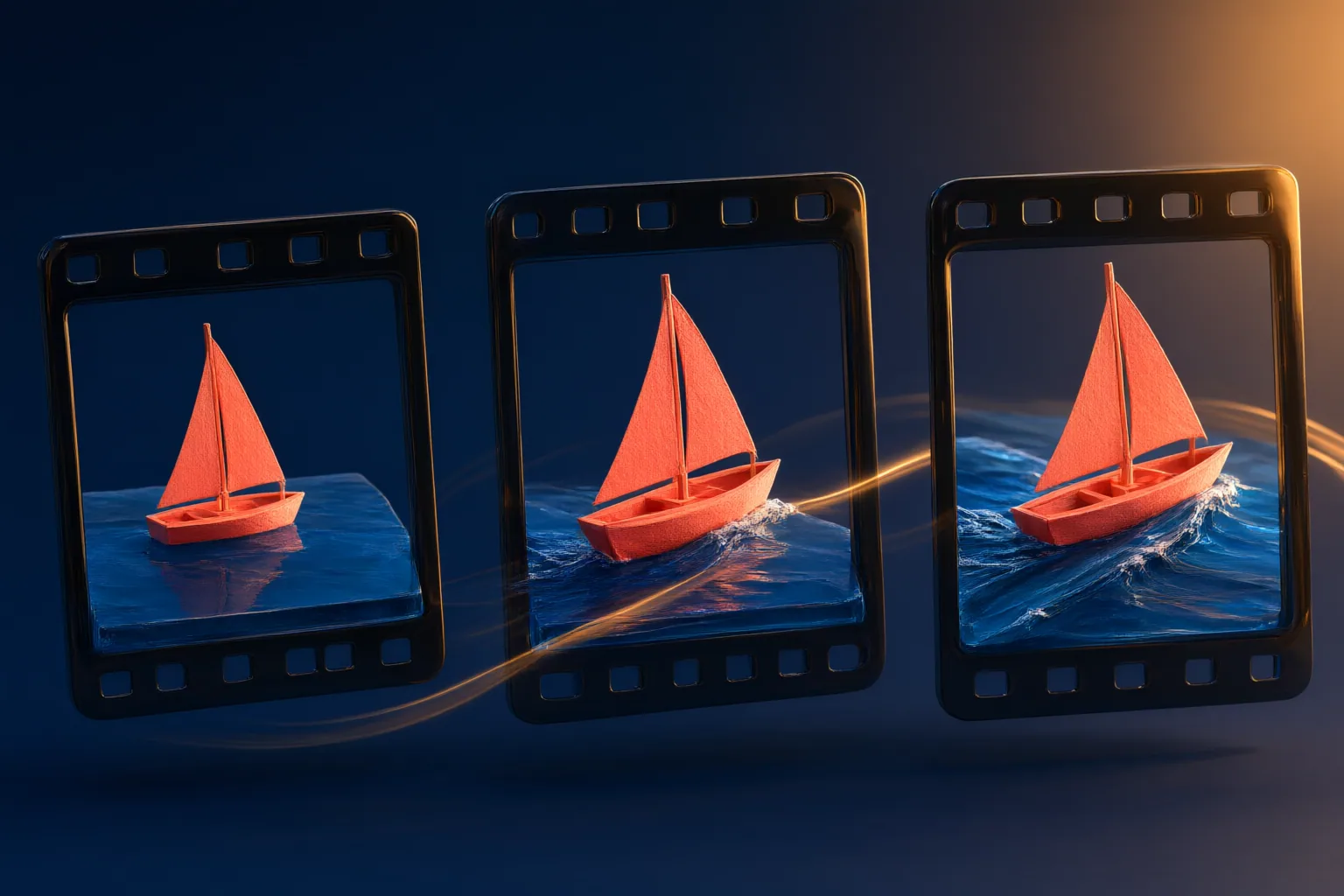 Conceptual illustration of a paper sailboat moving through successive video frames