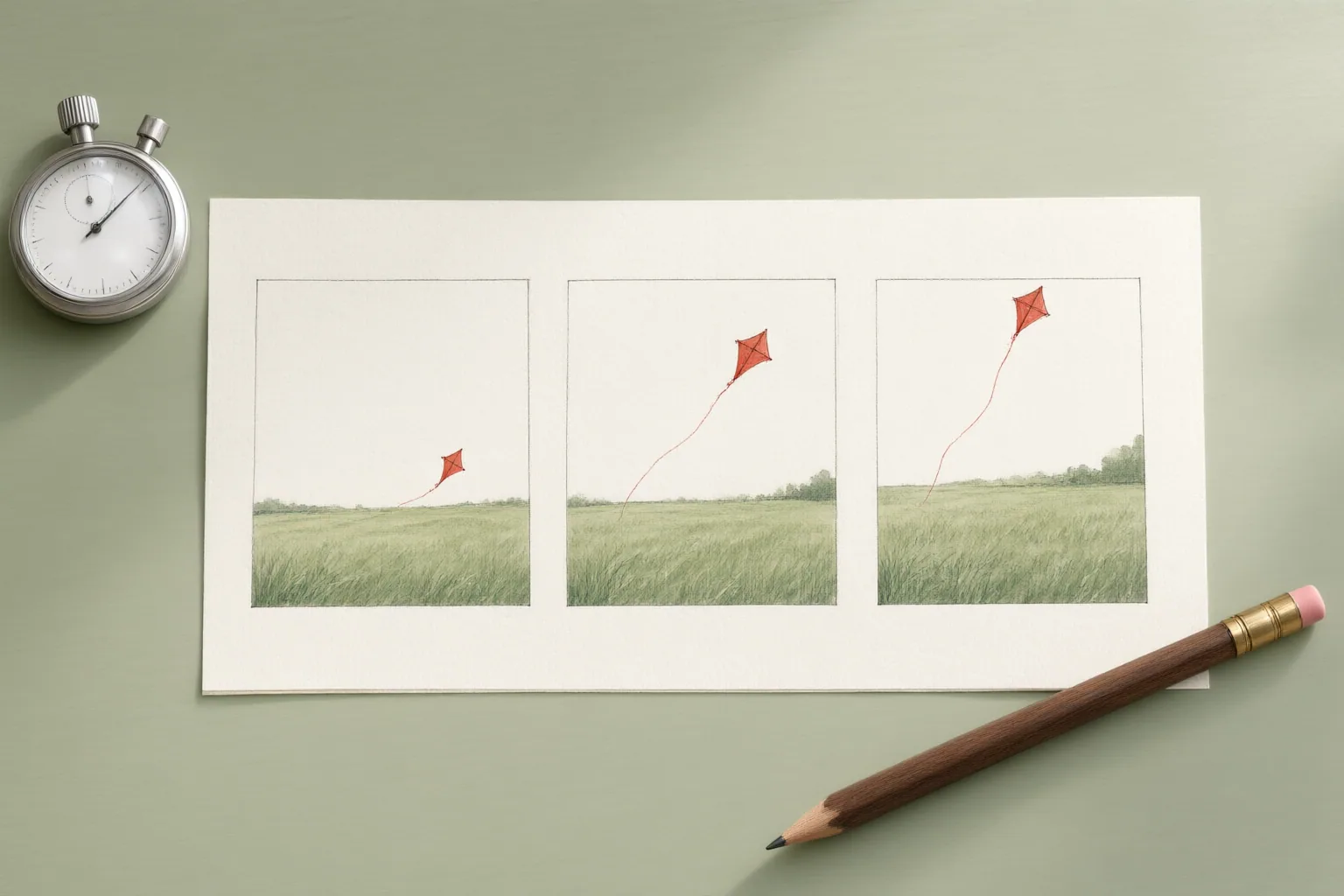 Illustrated storyboard of a red kite moving across three successive outdoor scenes
