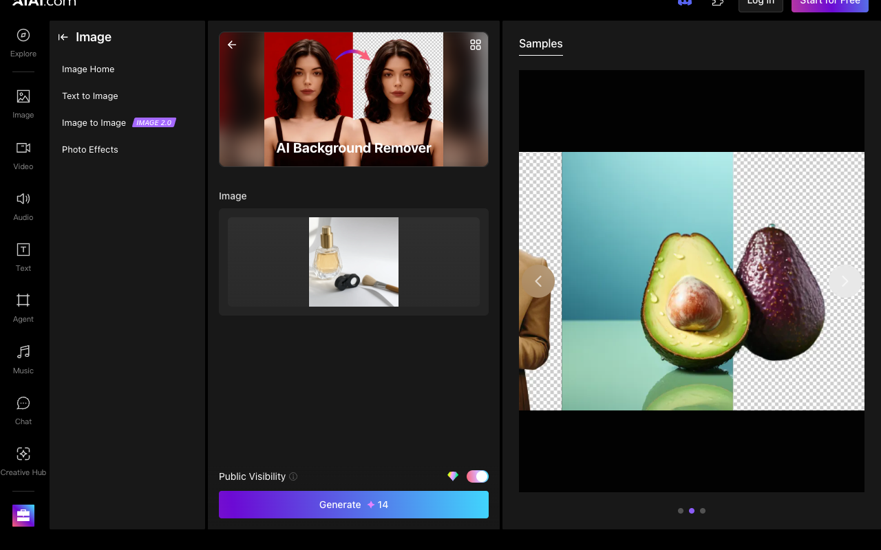 AIAI Background Remover with the eWiki test image loaded, Public Visibility enabled, and Generate showing 14 credits