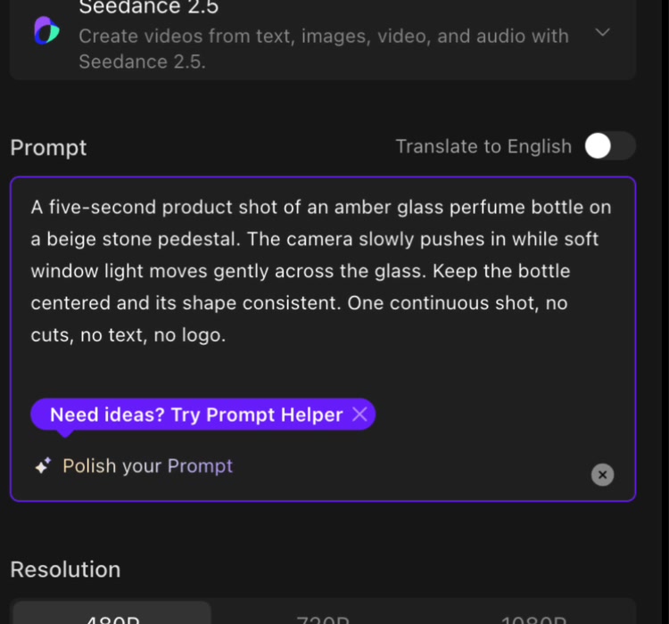 Our manually entered Text to Video product prompt in AIAI