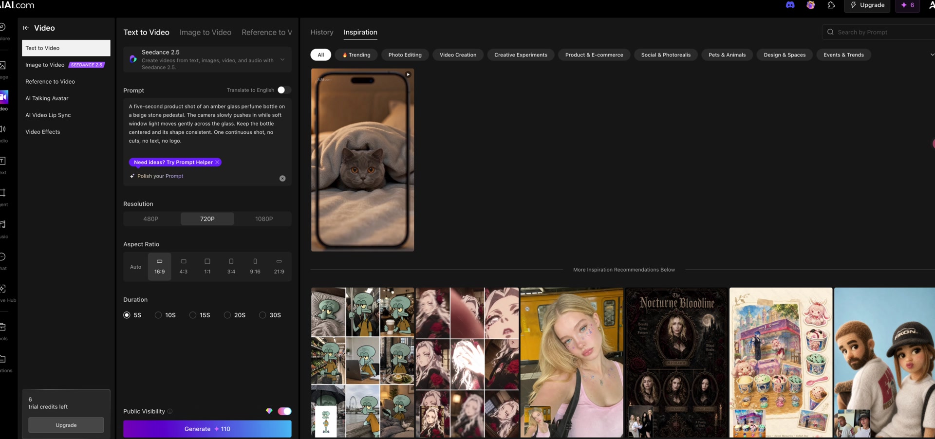 Final AIAI Text to Video form with settings prepared and Inspiration gallery visible