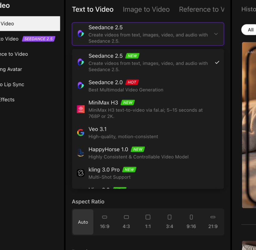 AIAI Text to Video model menu with Seedance 2.5 selected