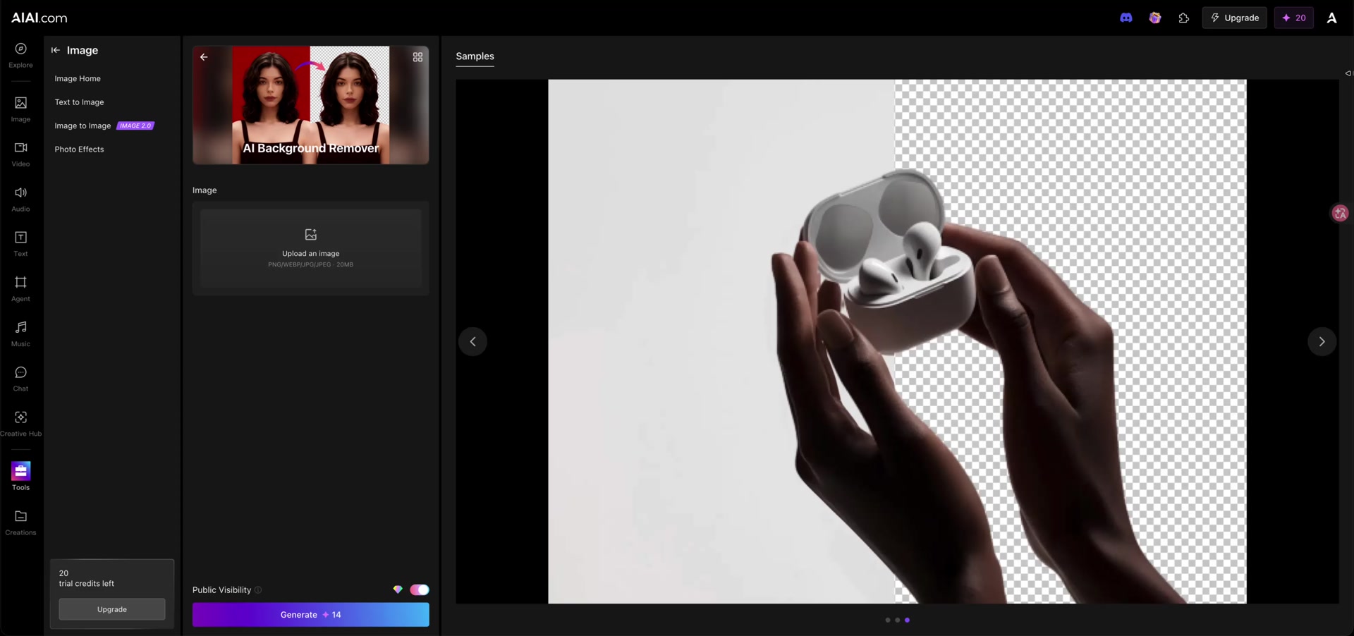 AIAI Background Remover before upload, showing the image input and Generate control