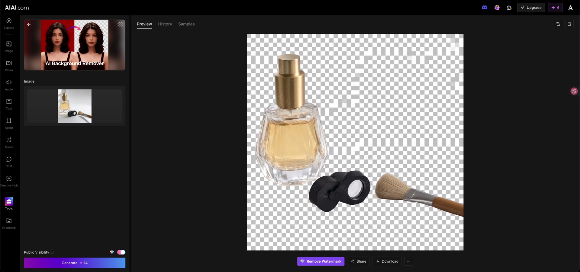 Completed AIAI preview of a perfume bottle, compact, and brush over a checkerboard