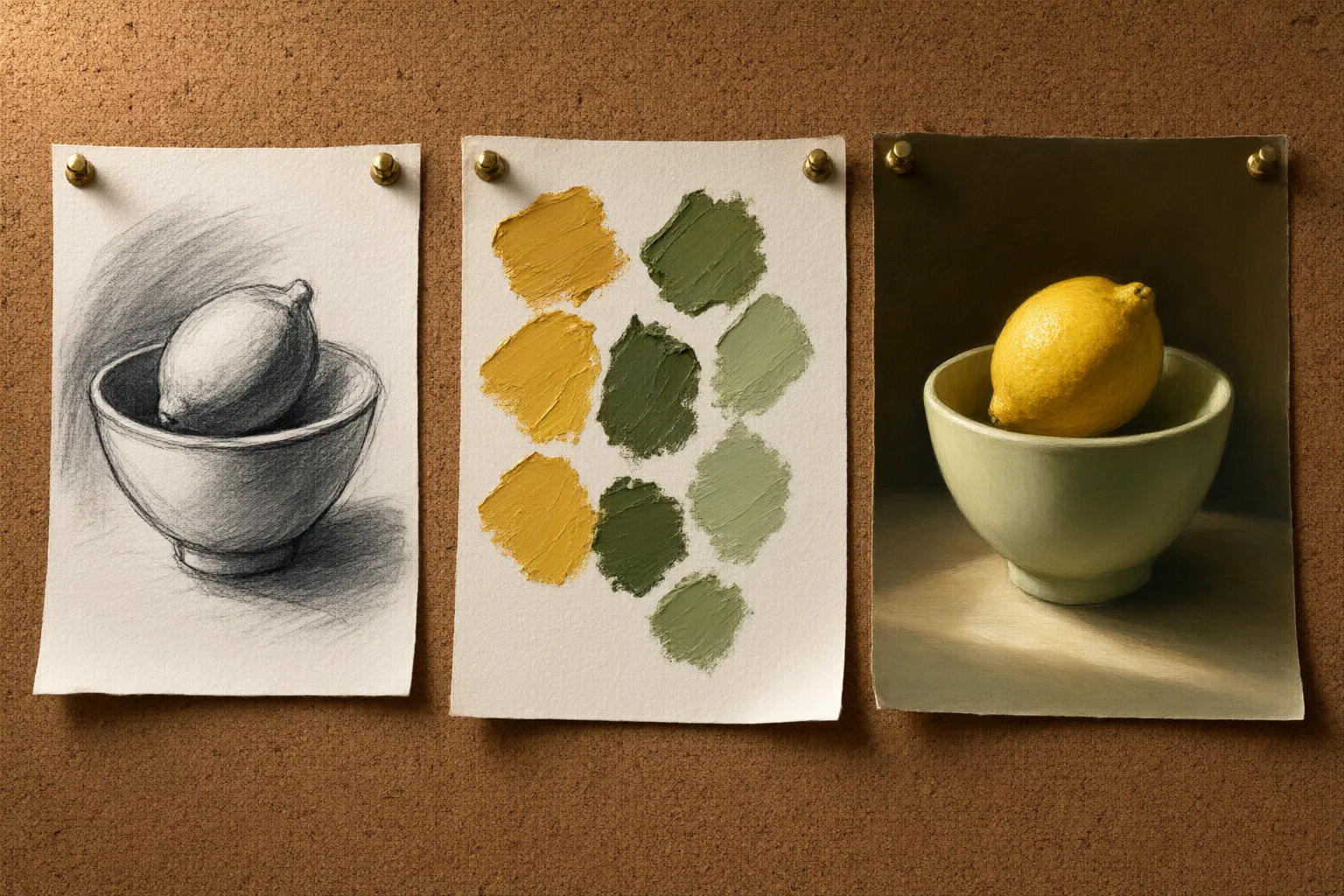 Illustrated image planning board with a subject sketch, color palette and composed still life
