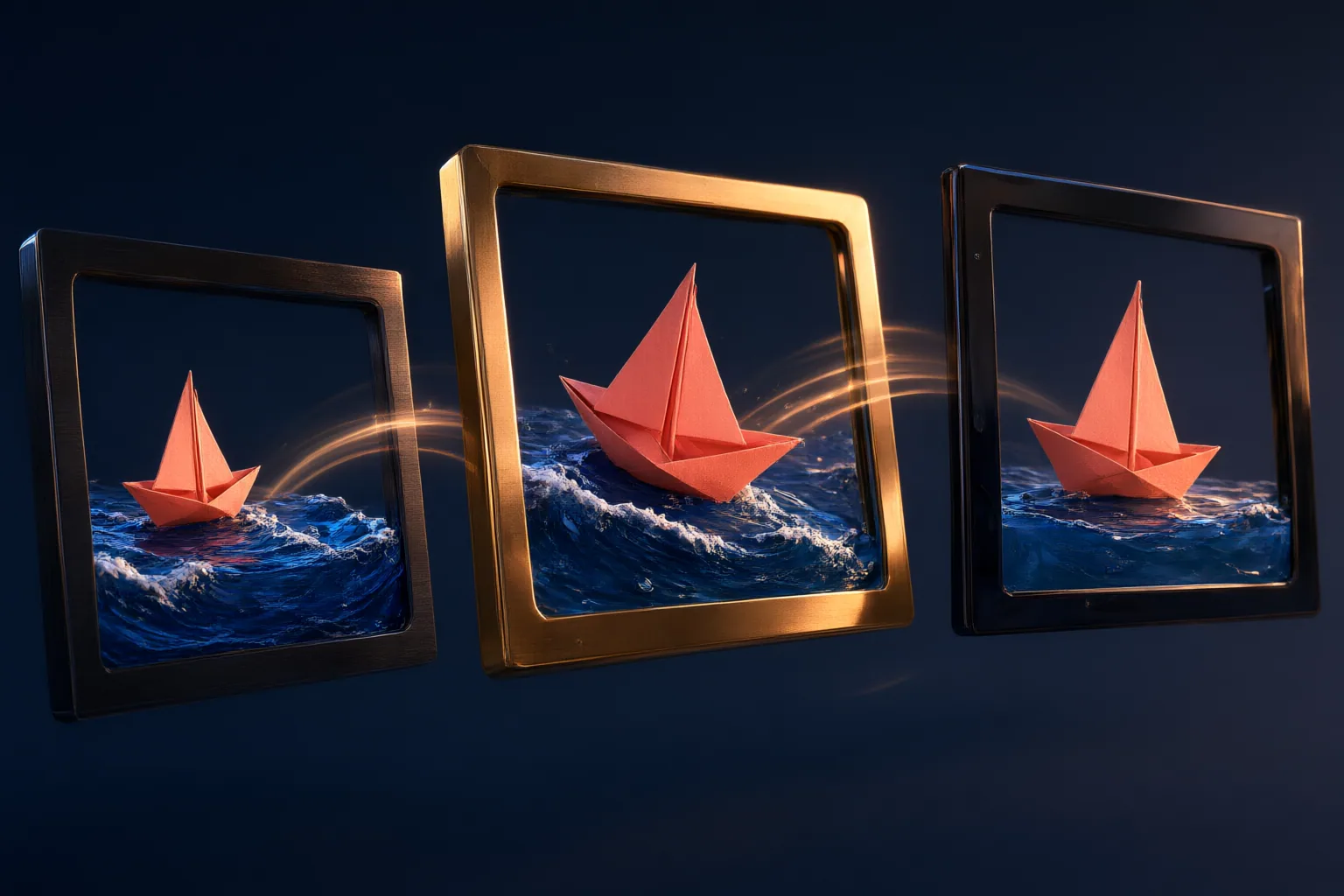 Conceptual illustration of a paper sailboat moving through successive video frames