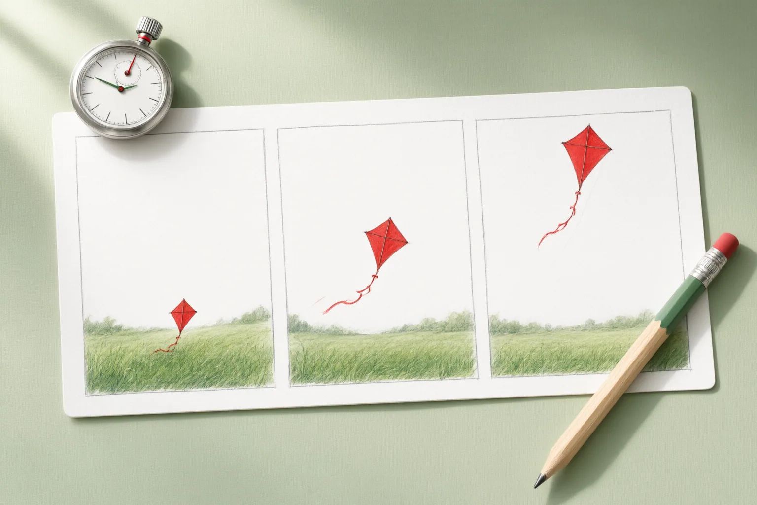 Illustrated storyboard of a red kite moving across three successive outdoor scenes