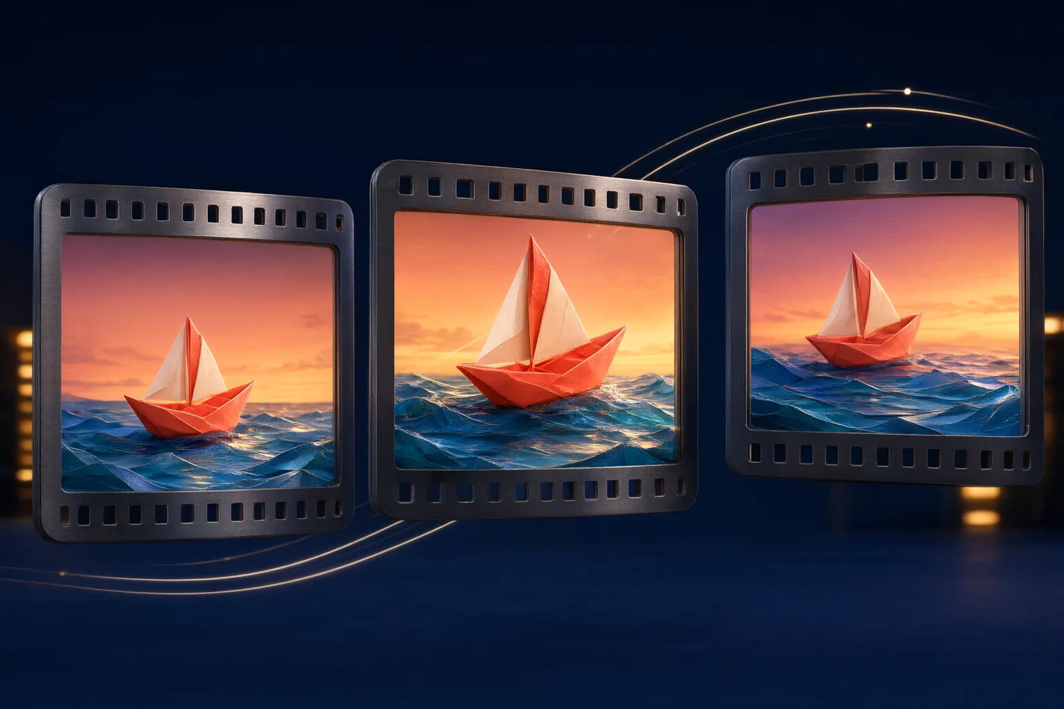 Conceptual illustration of a paper sailboat moving through successive video frames