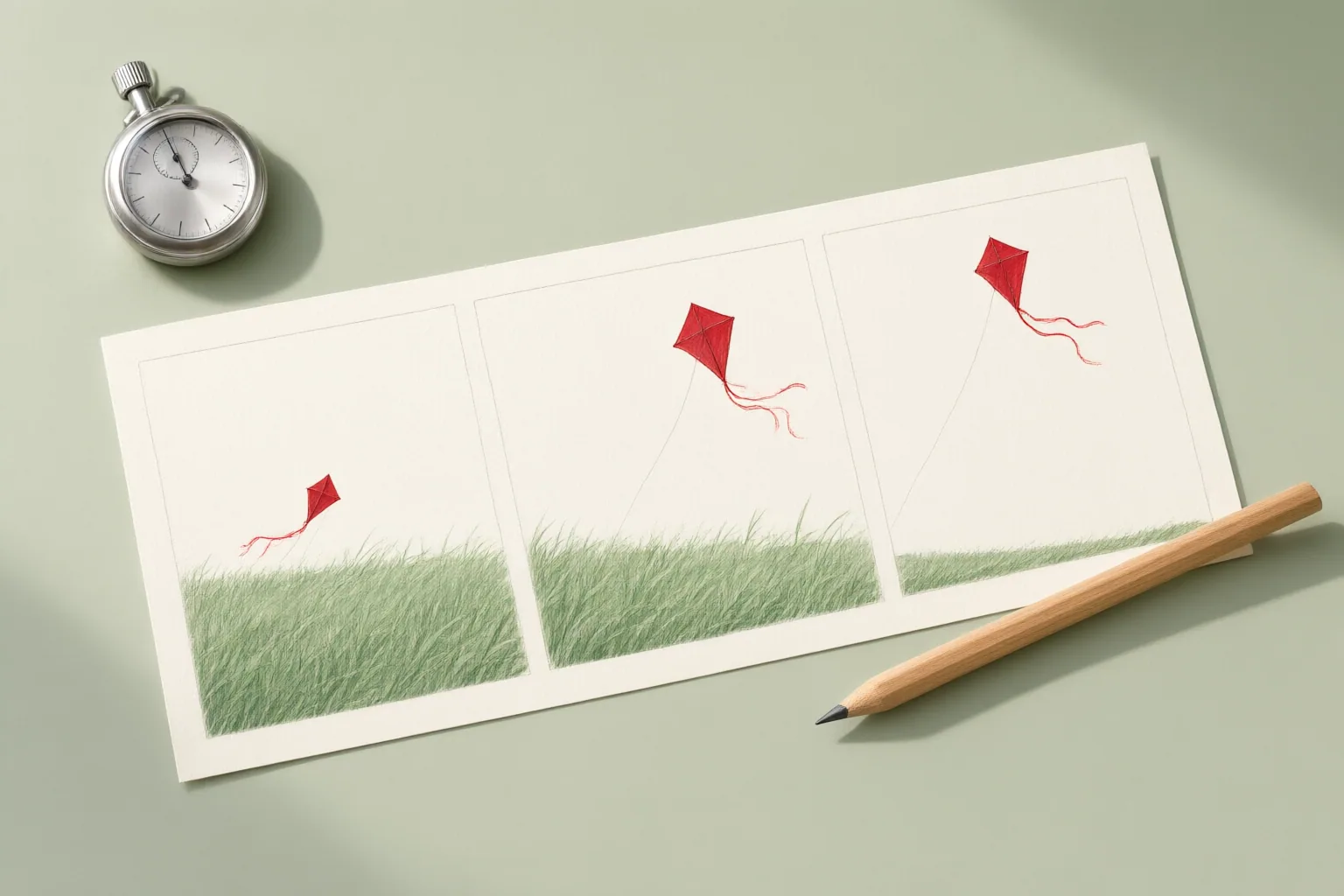 Illustrated storyboard of a red kite moving across three successive outdoor scenes